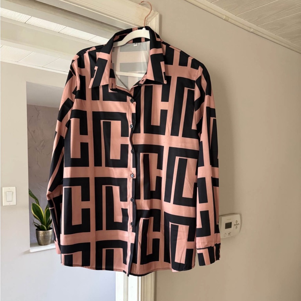 Geometric Pink & Black Button-Up Shirt